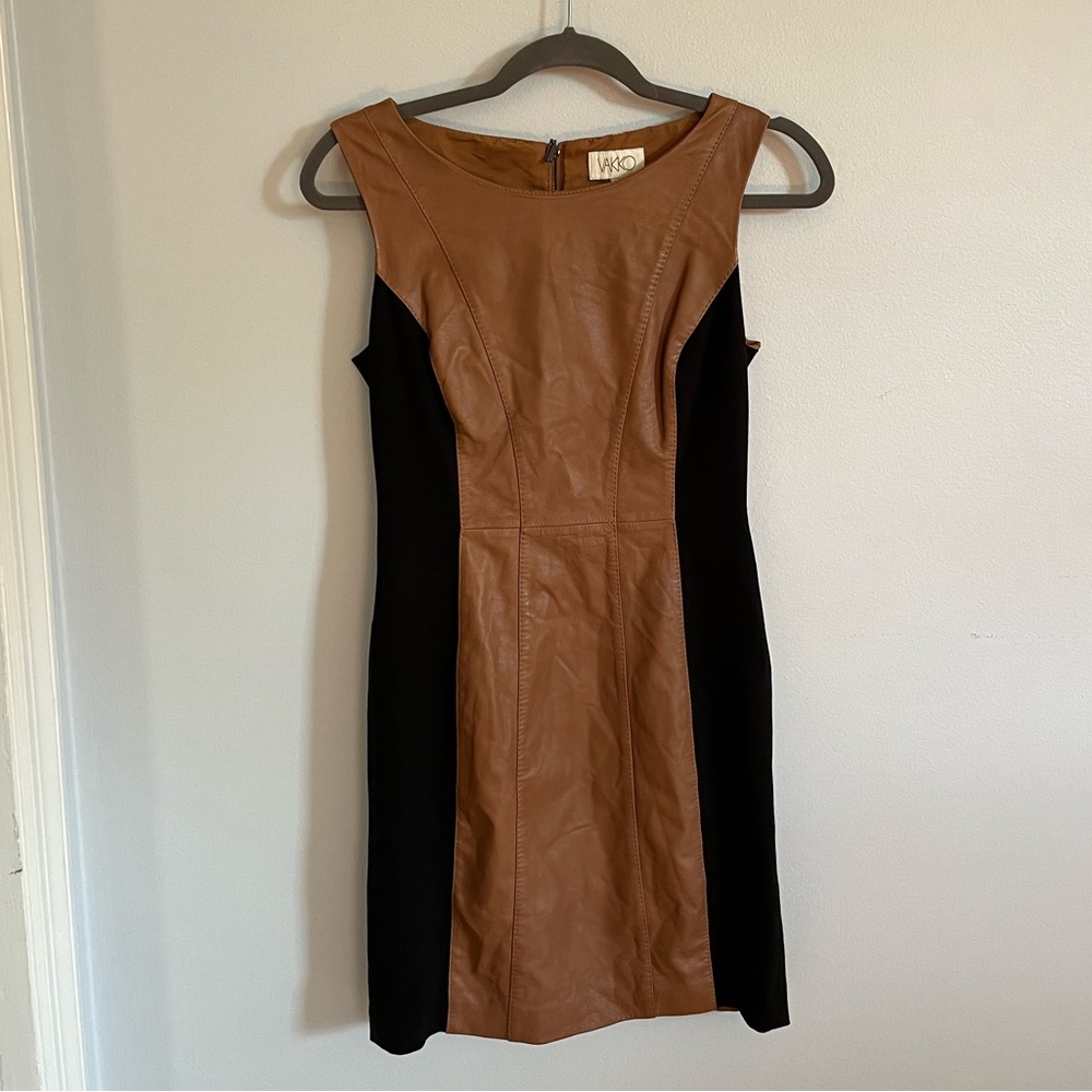 VAKKO Vintage Carmel Leather and Black Knit Mini Dress Size 4